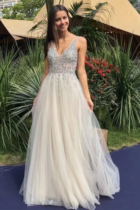 A Line V Neck Backless Beaded Ivory Prom Dresses Sequins Backless Formal Dresses P1093