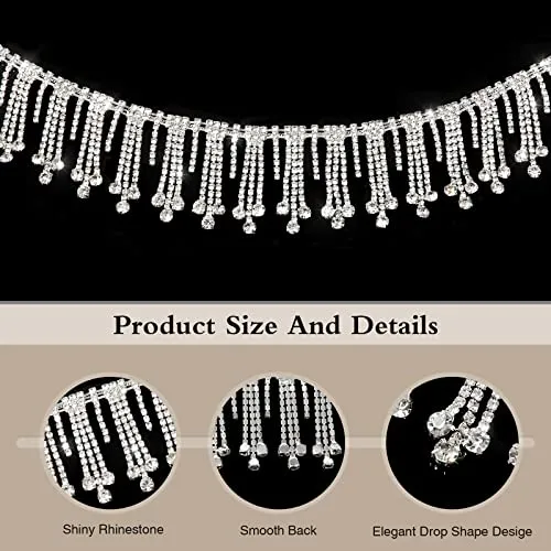 AWAYTR 1 Yard Rhinestone Fringe Trim - Crystal Rhinestone Tassel Chain for Jeans Clothing and DIY Crafts (Drop Tassel Chain,Sliver)