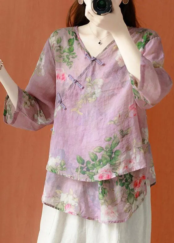 Beautiful Purple Asymmetrical Print Linen Blouses Half Sleeve