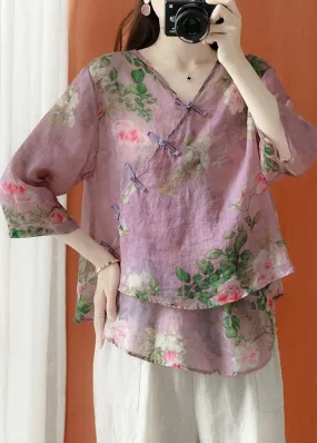 Beautiful Purple Asymmetrical Print Linen Blouses Half Sleeve