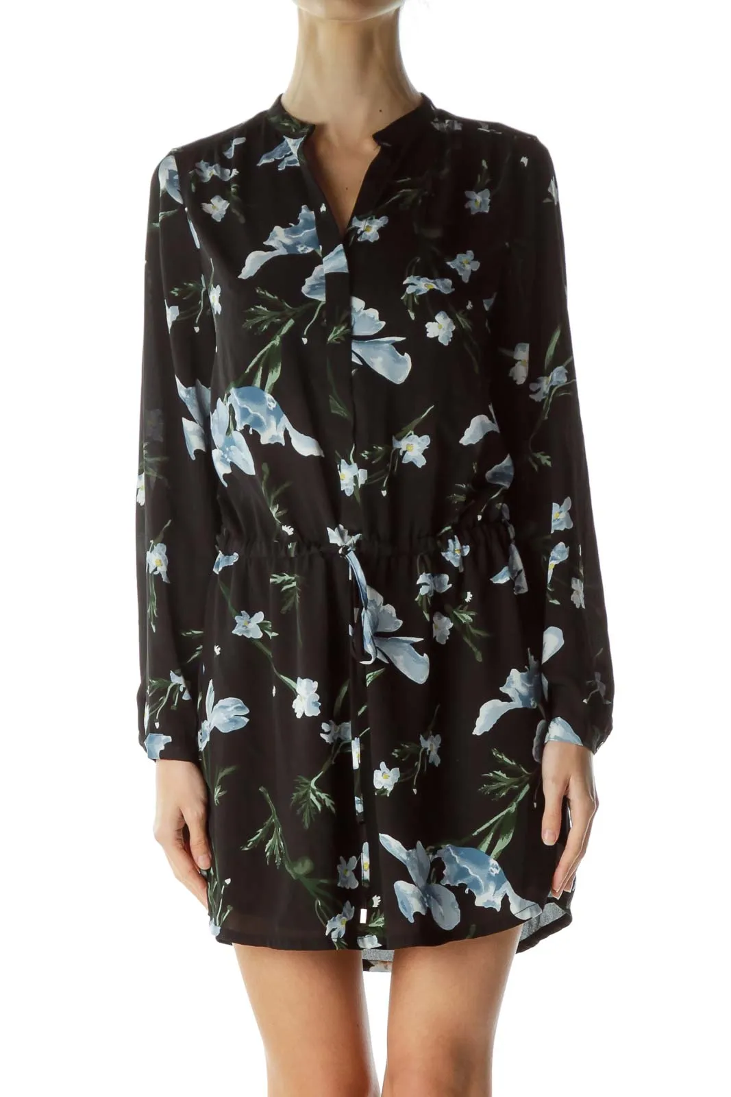 Black Floral Drawstring Day Dress