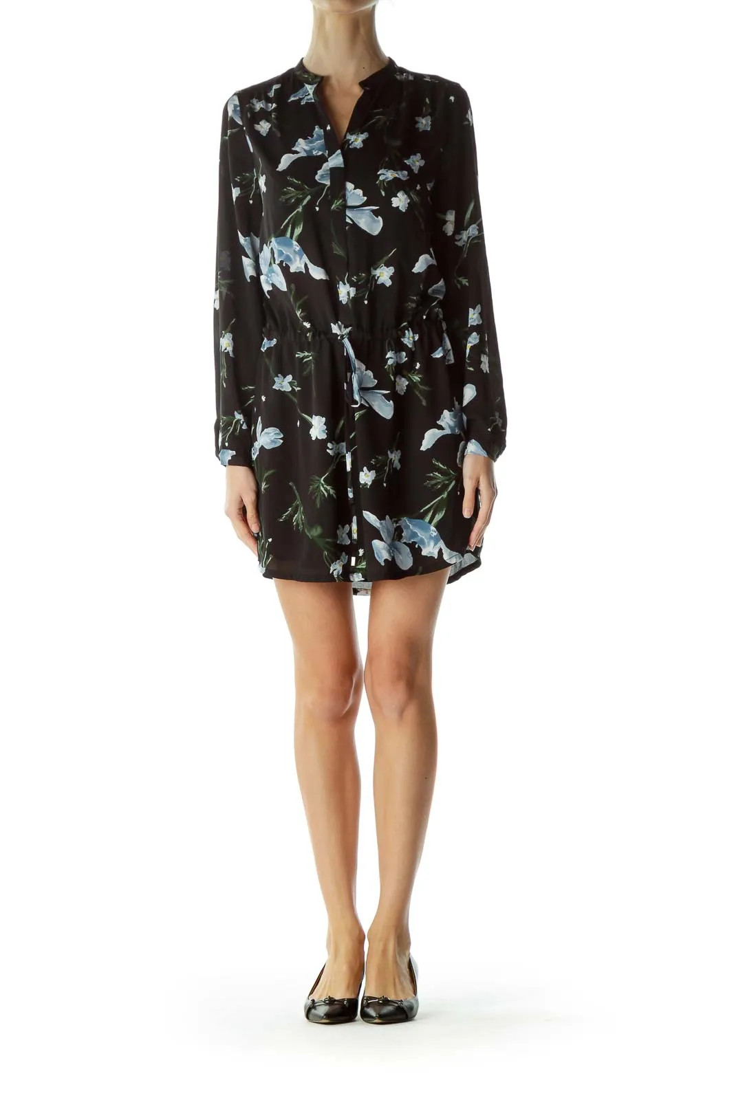 Black Floral Drawstring Day Dress