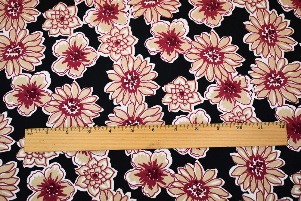 Black-Red-Beige Floral Printed Rayon Crepe Faille Woven Fabric