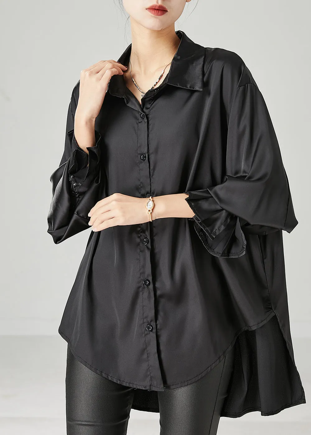 Boho Black Oversized draping Chiffon Blouses Spring YU1051