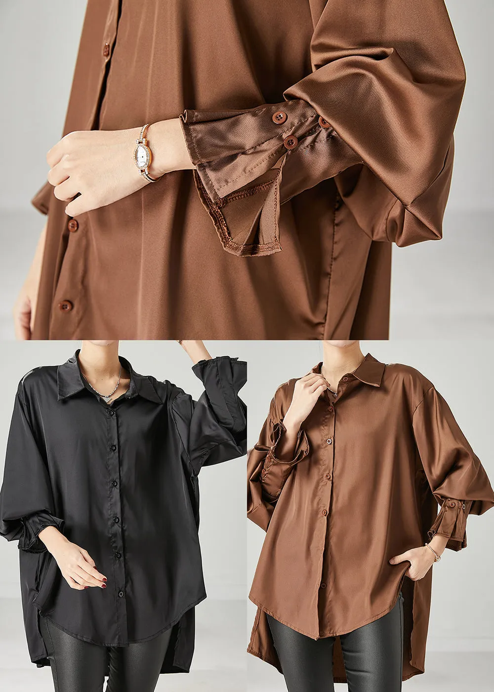 Boho Black Oversized draping Chiffon Blouses Spring YU1051