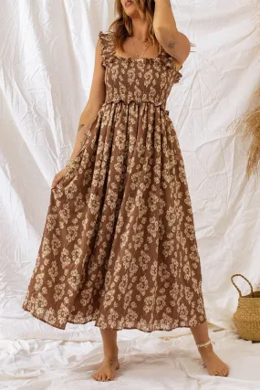 Brown Floral Maxi Dress with Ruffled Straps and Smocked Details