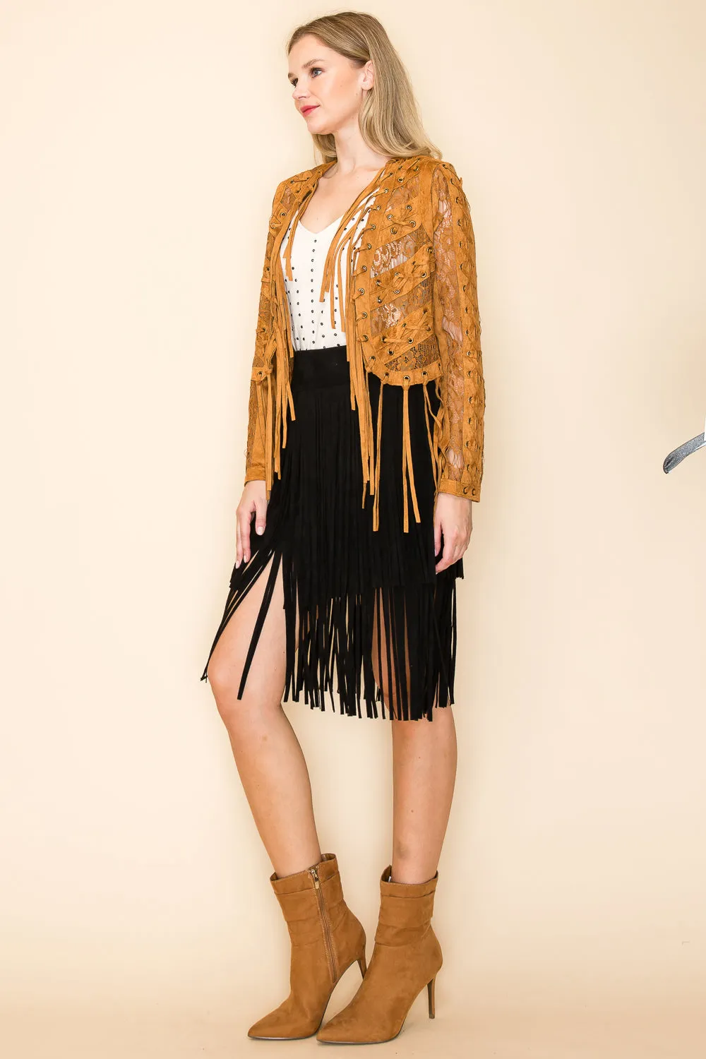 Camel Fringed Lace Crop Jacket