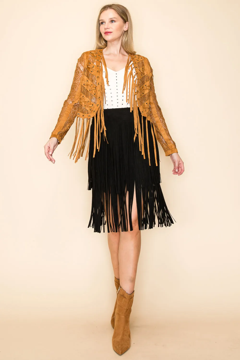 Camel Fringed Lace Crop Jacket