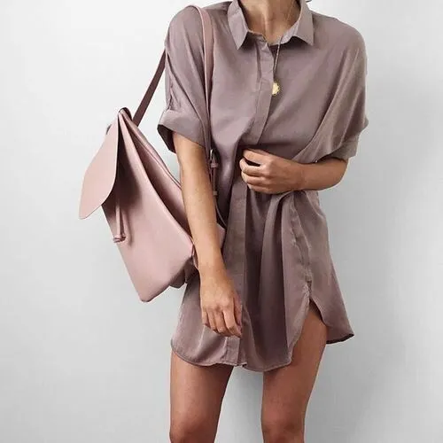 Candy Color Lapel Collar Short Sleeves Loose Long Split Blouse