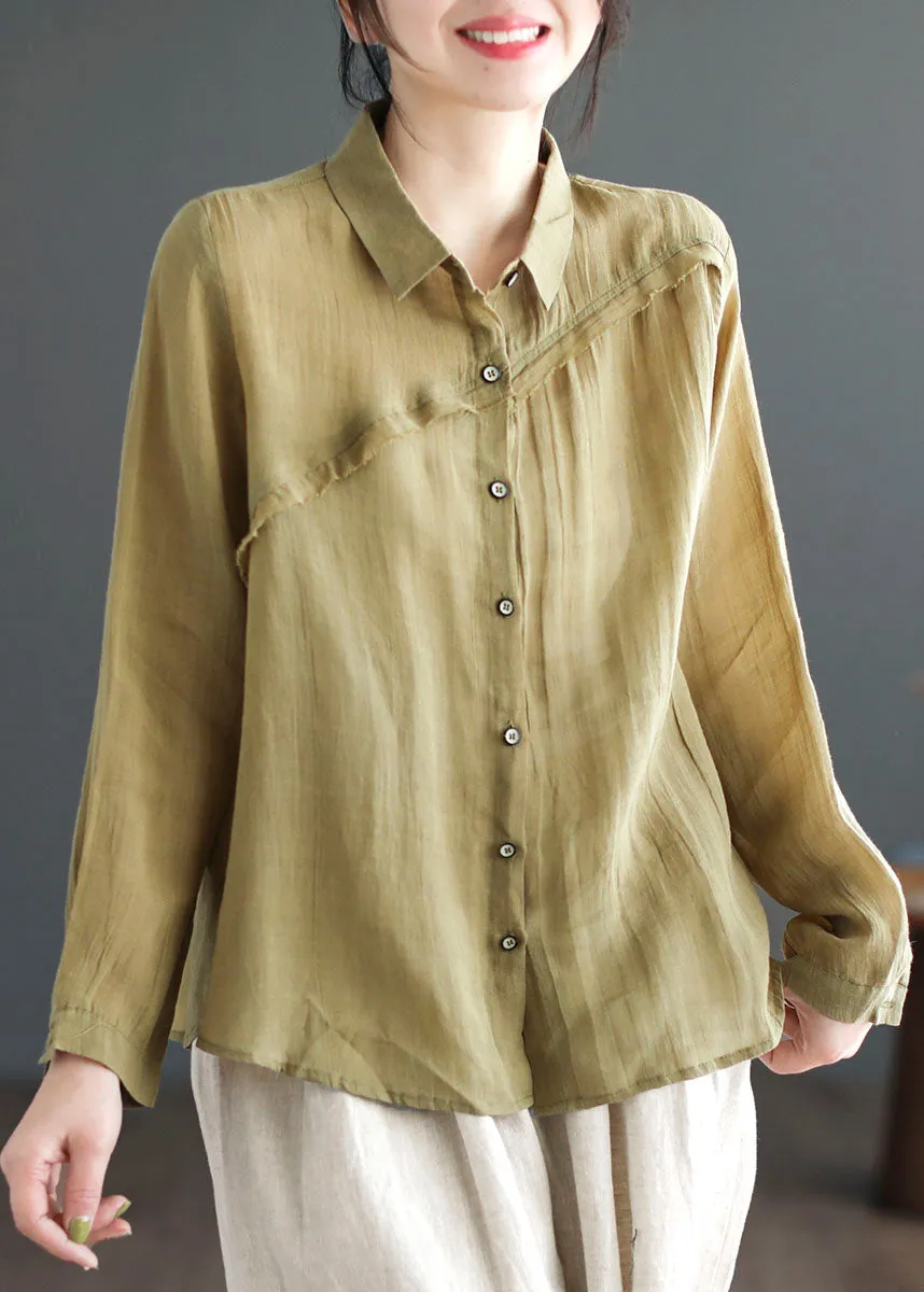 Casual Green Peter Pan Collar Patchwork Linen Blouses Long Sleeve LY4026