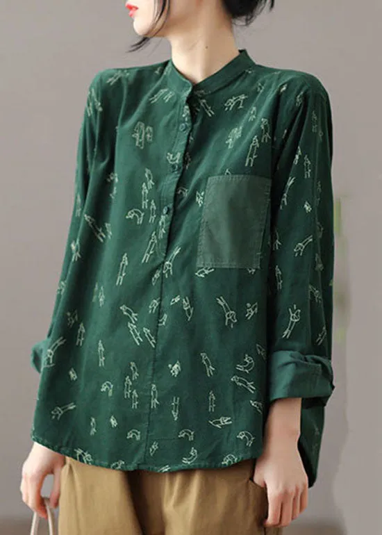 Casual Green Stand Collar Print Patchwork Corduroy Blouses Spring LY6208