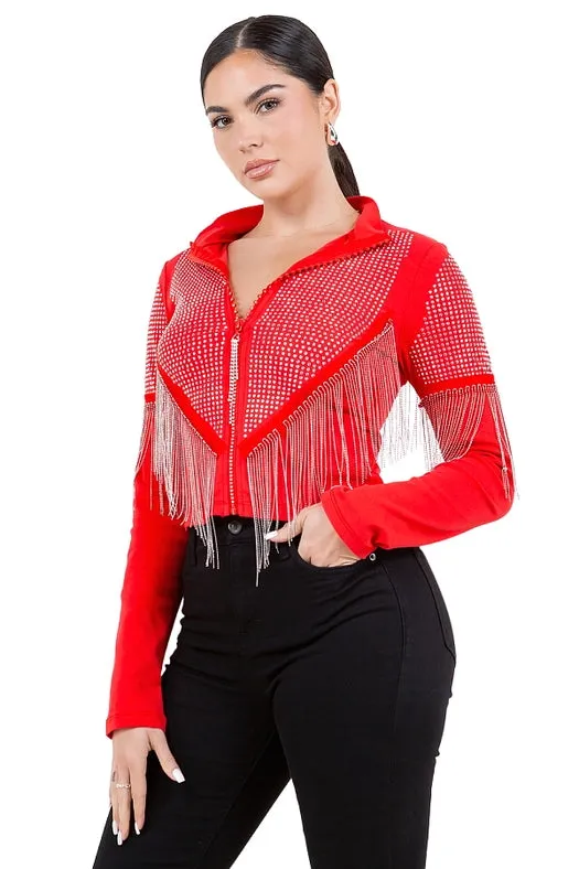 Chain Fringe & Studded Zipper Jacket Red