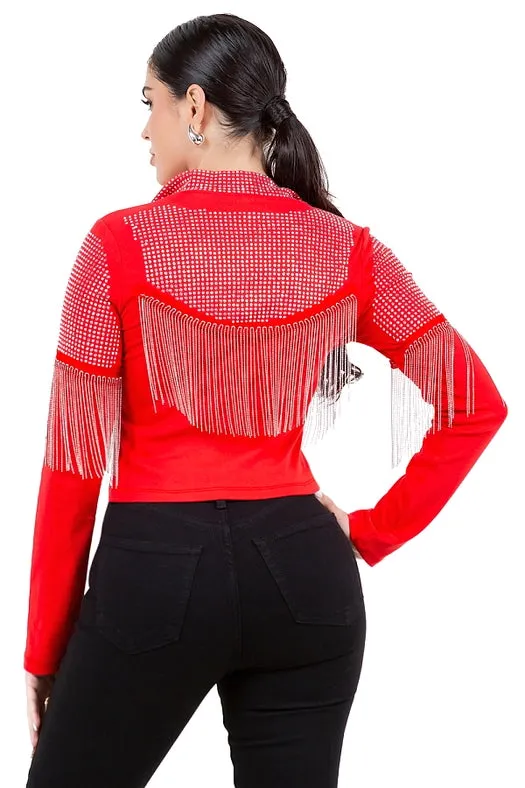 Chain Fringe & Studded Zipper Jacket Red