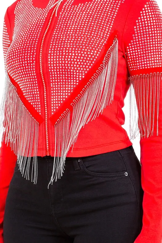 Chain Fringe & Studded Zipper Jacket Red