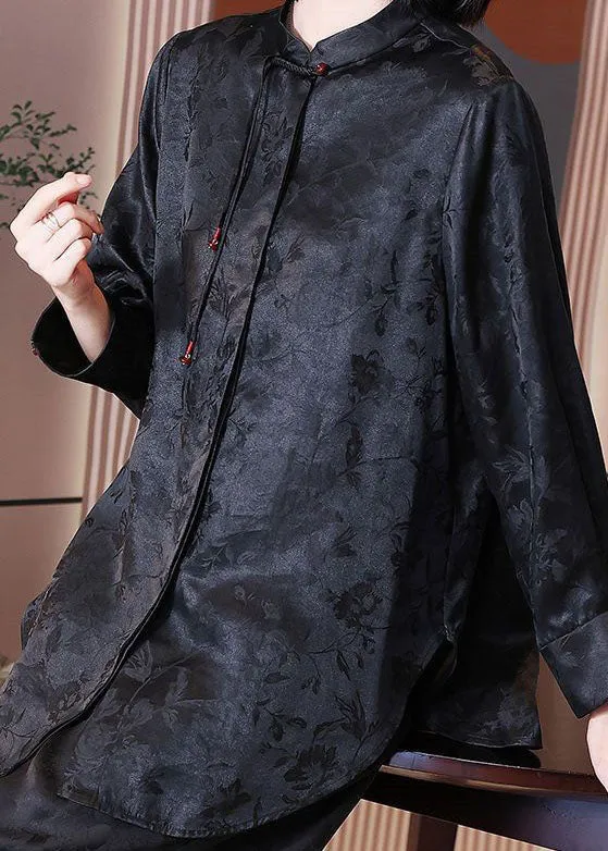 Chinese Style Black Tasseled Jacquard Patchwork Silk Blouses Long Sleeve LY4418