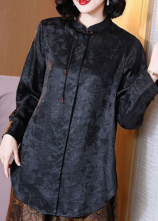 Chinese Style Black Tasseled Jacquard Patchwork Silk Blouses Long Sleeve LY4418