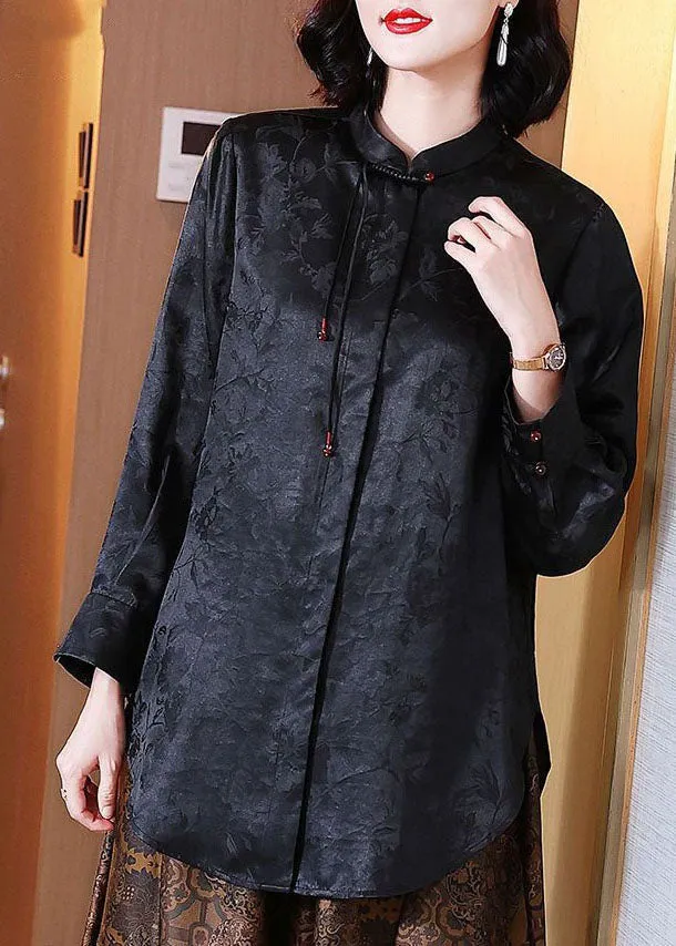 Chinese Style Black Tasseled Jacquard Patchwork Silk Blouses Long Sleeve LY4418