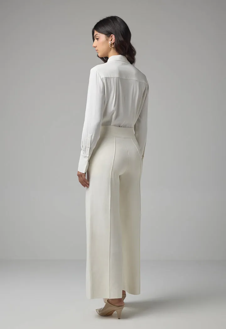 Choice Knitted Pin Tuck Wide Leg Trousers Off White