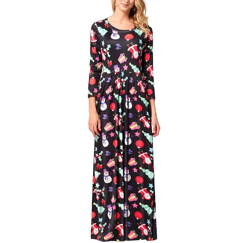 Christmas Style Long sleeve Print Round neck Maxi Dresses