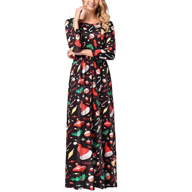 Christmas Style Long sleeve Print Round neck Maxi Dresses