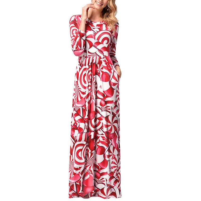 Christmas Style Long sleeve Print Round neck Maxi Dresses