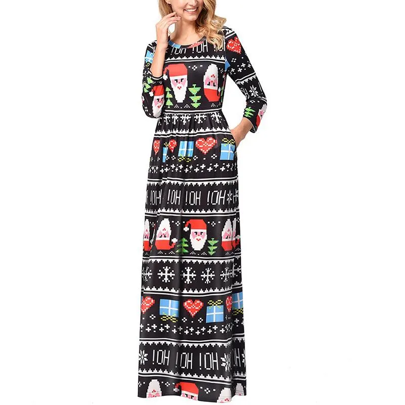 Christmas Style Long sleeve Print Round neck Maxi Dresses