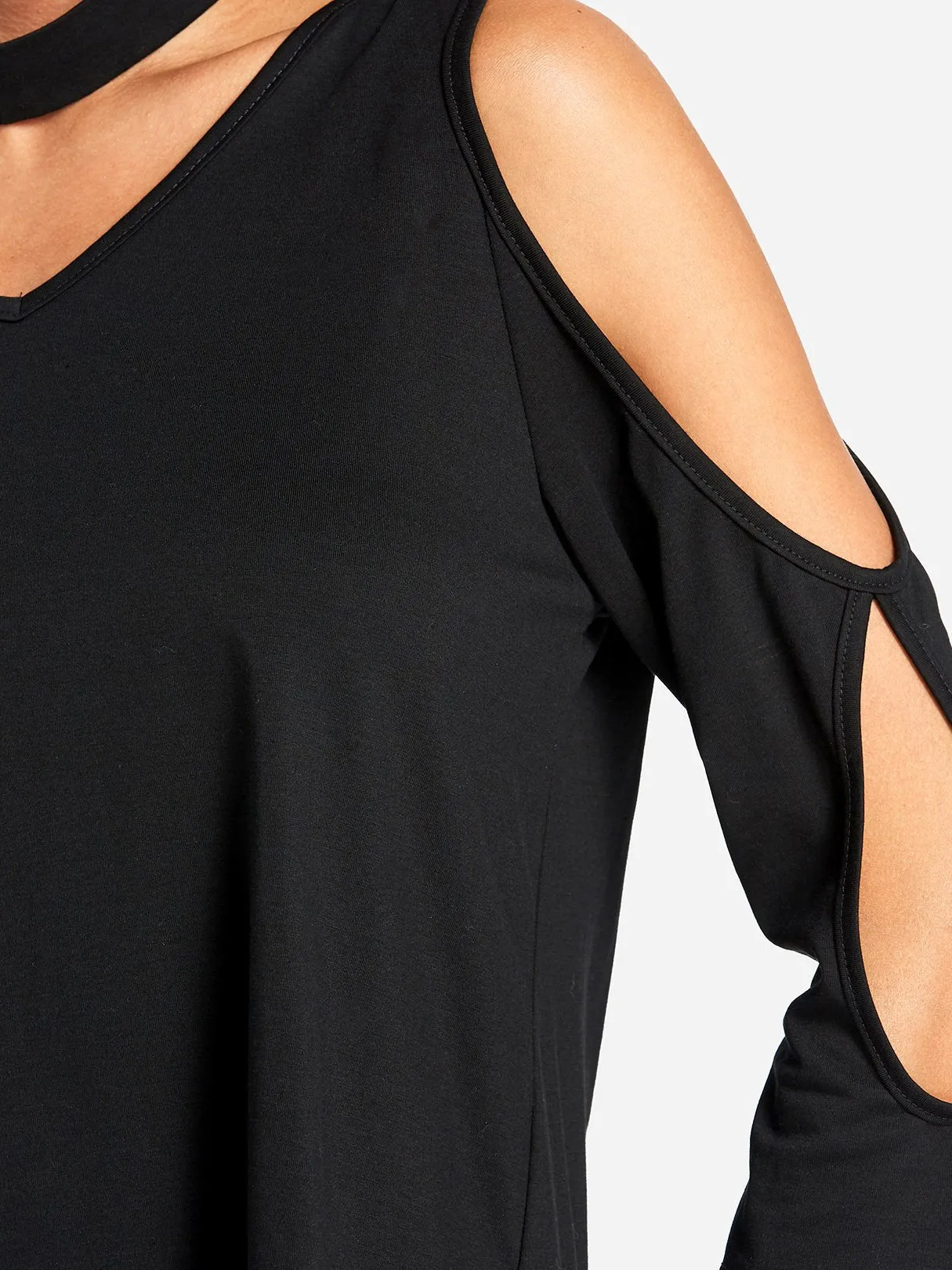 Custom V-Neck Cold Shoulder Plain Cut Out Half Sleeve Black Top