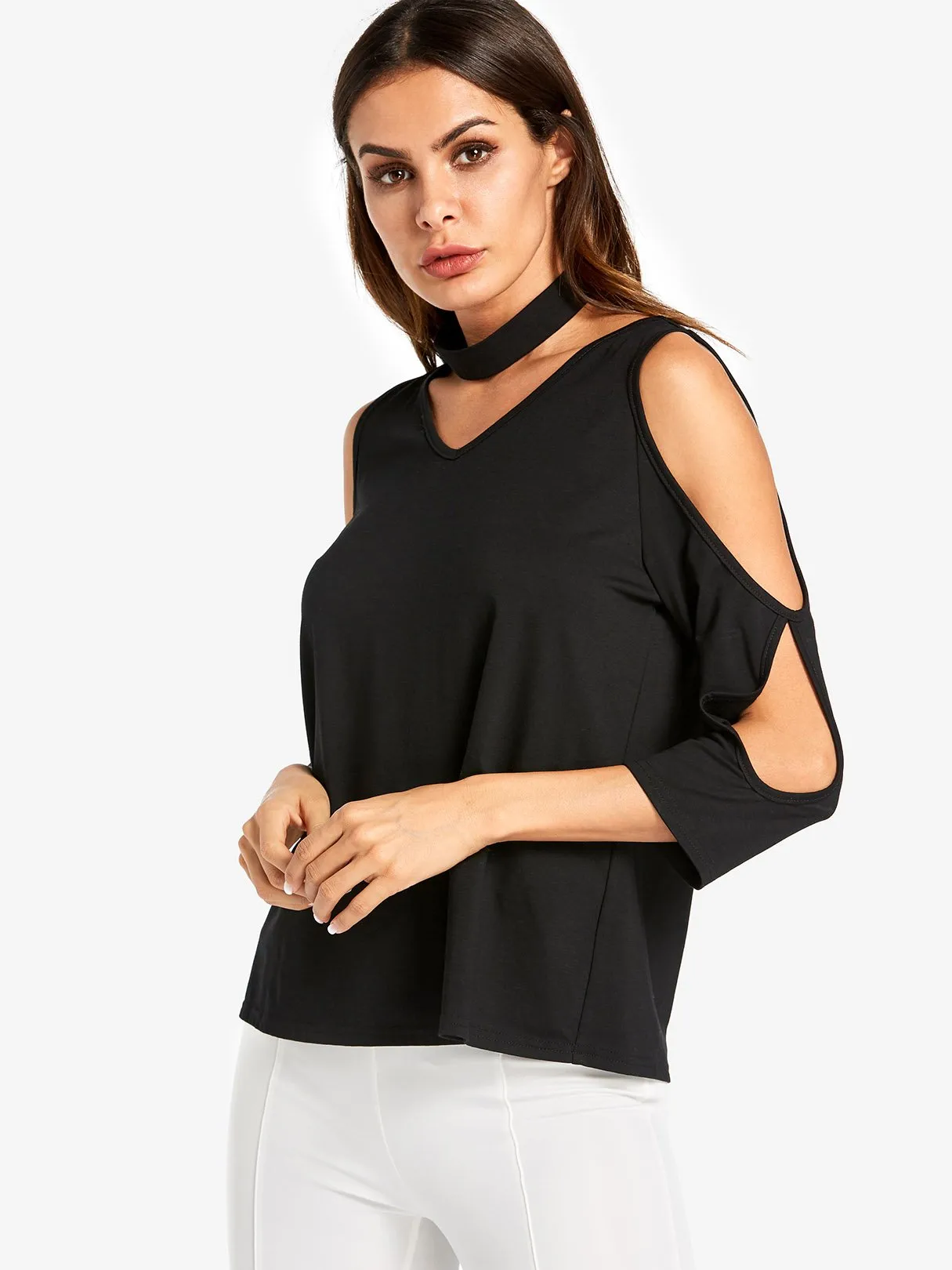 Custom V-Neck Cold Shoulder Plain Cut Out Half Sleeve Black Top