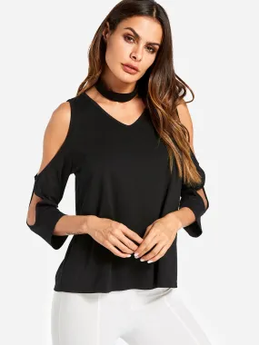 Custom V-Neck Cold Shoulder Plain Cut Out Half Sleeve Black Top