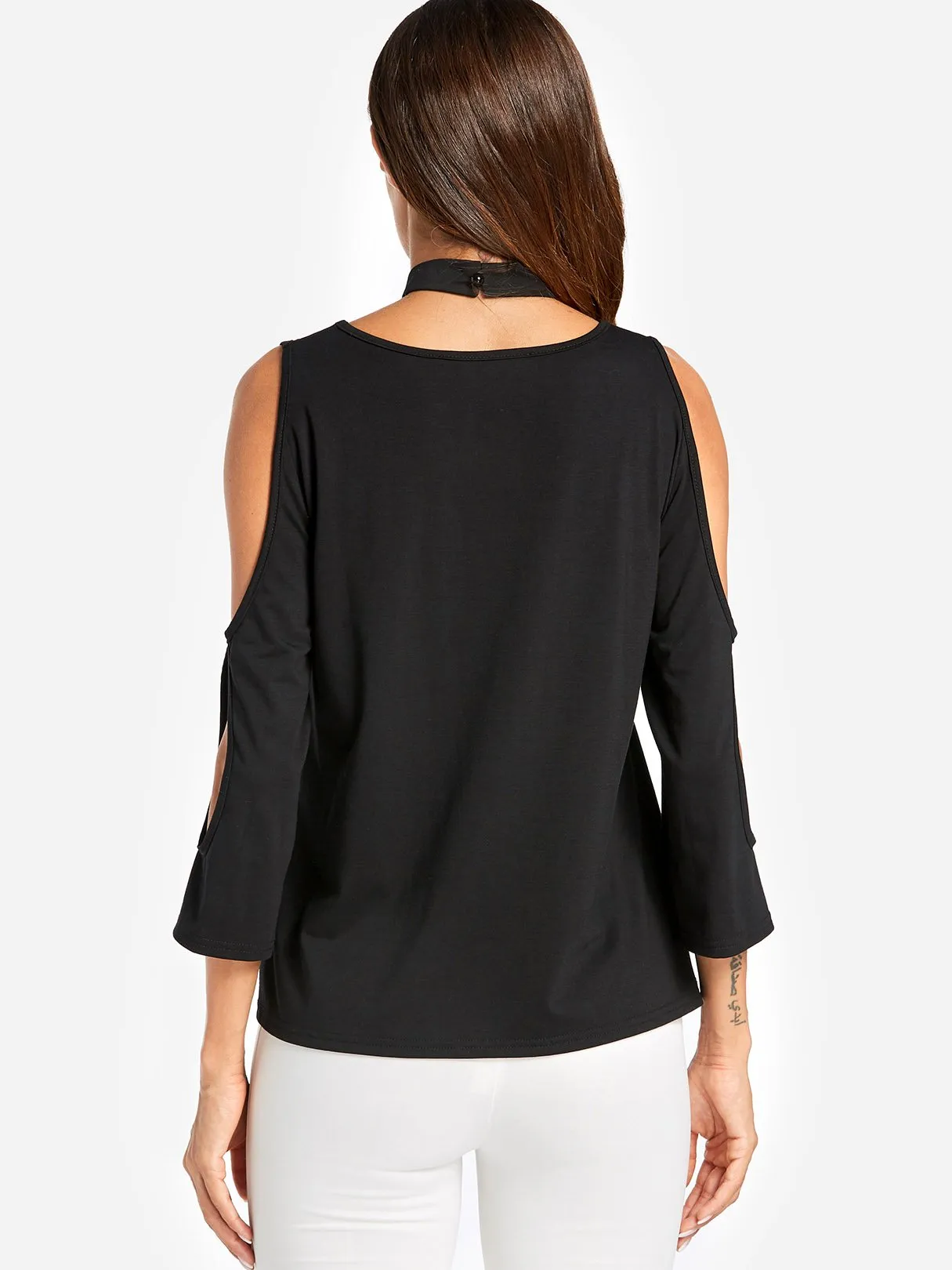 Custom V-Neck Cold Shoulder Plain Cut Out Half Sleeve Black Top