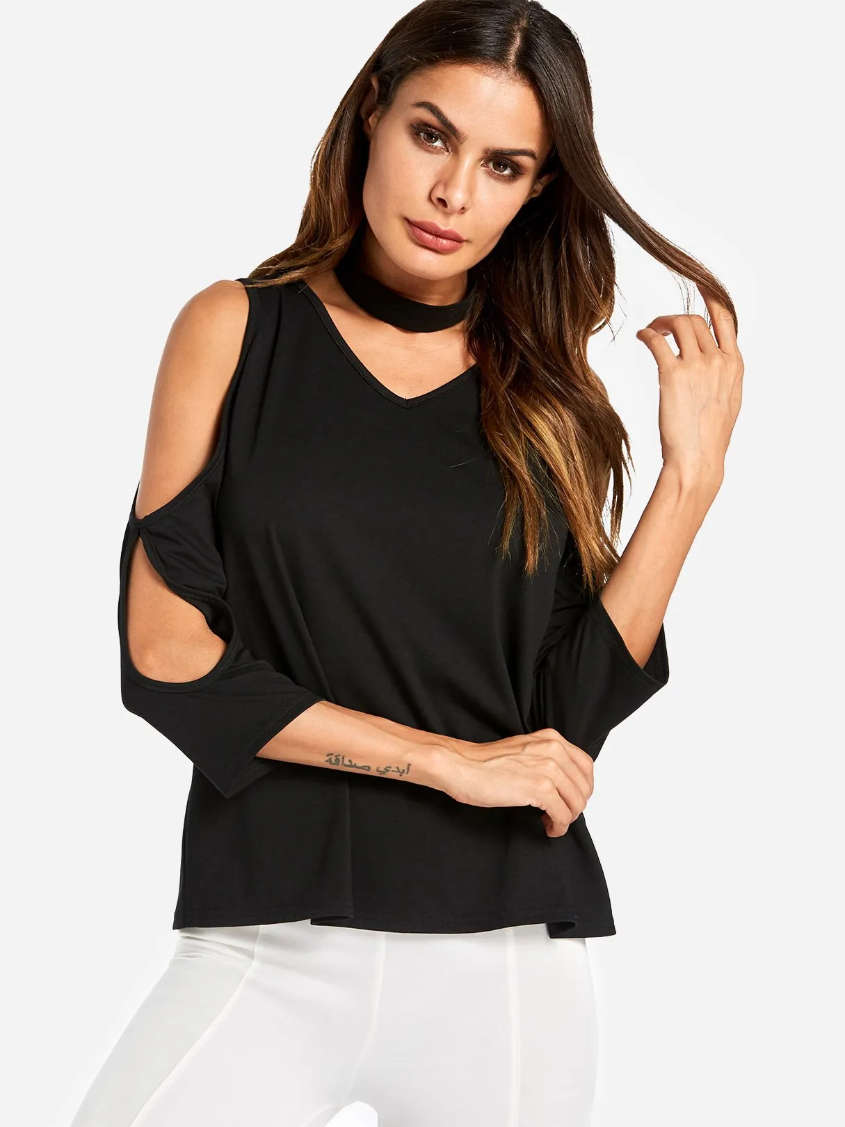 Custom V-Neck Cold Shoulder Plain Cut Out Half Sleeve Black Top