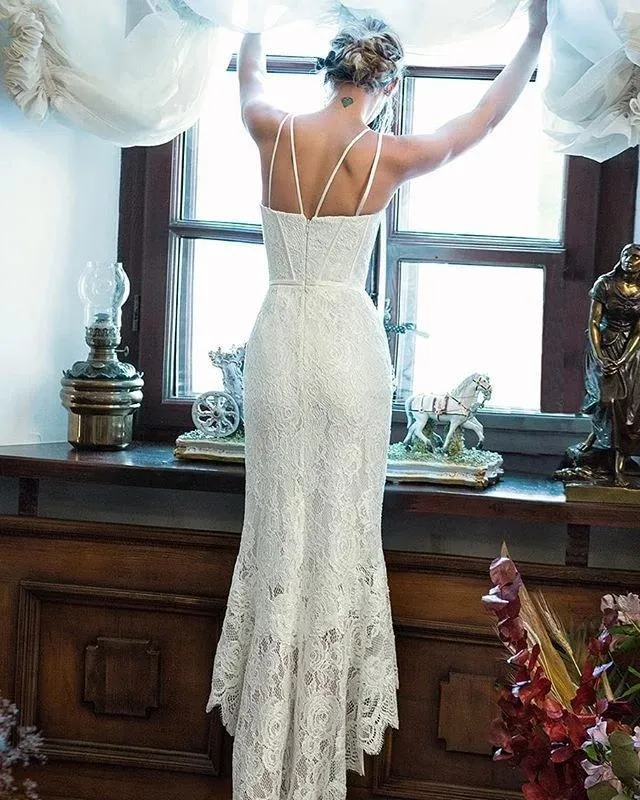 Elegant Lace Off White Sheath Prom Dresses, Lace Simple Wedding Dresses SWK15171