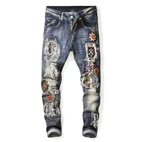 Embroidered Printed Cotton Men's Punk Pants