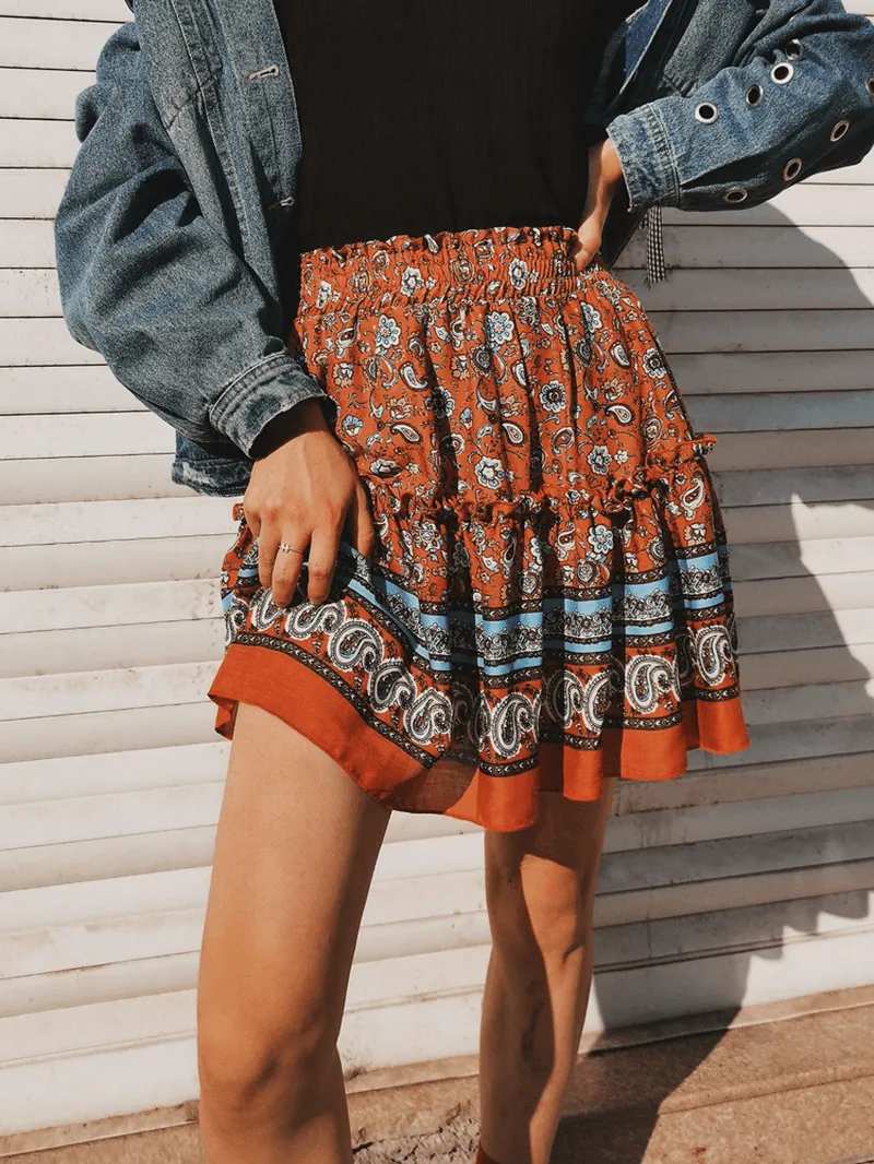 Ethnic Women Elastic Waist Floral Ruffle Pleated Printed Mini Short Skirts