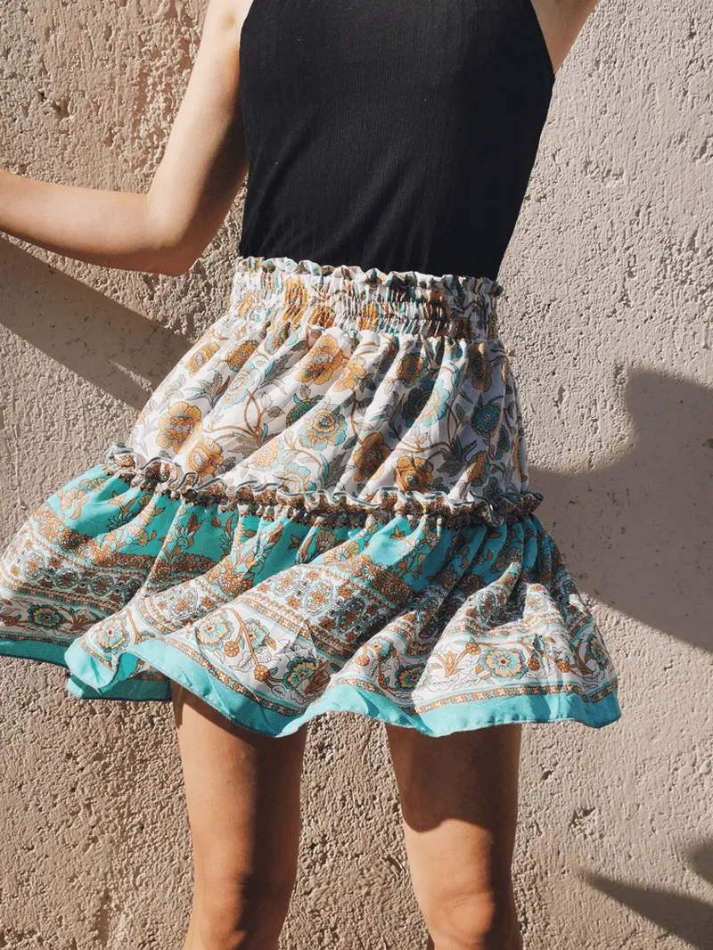 Ethnic Women Elastic Waist Floral Ruffle Pleated Printed Mini Short Skirts