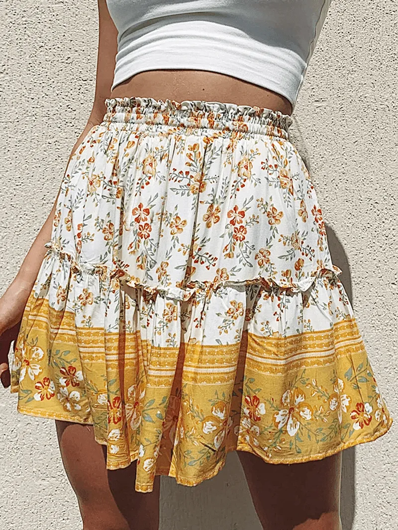 Ethnic Women Elastic Waist Floral Ruffle Pleated Printed Mini Short Skirts