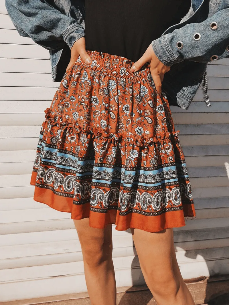 Ethnic Women Elastic Waist Floral Ruffle Pleated Printed Mini Short Skirts