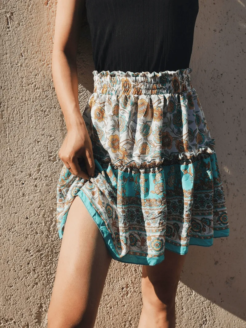 Ethnic Women Elastic Waist Floral Ruffle Pleated Printed Mini Short Skirts