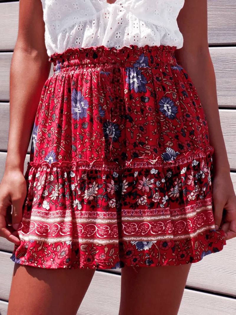 Ethnic Women Elastic Waist Floral Ruffle Pleated Printed Mini Short Skirts