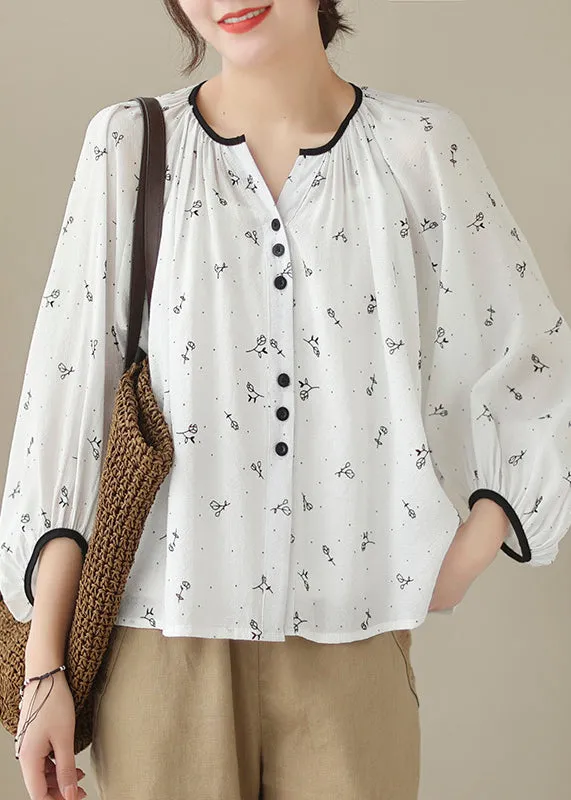 Fitted Beige Oversized Print Cotton Blouses Lantern Sleeve LY7227