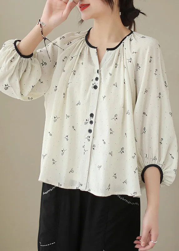 Fitted Beige Oversized Print Cotton Blouses Lantern Sleeve LY7227