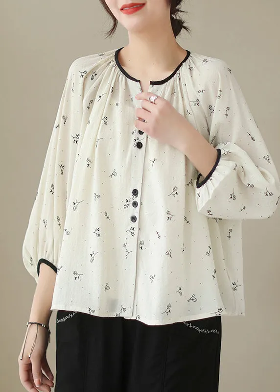 Fitted Beige Oversized Print Cotton Blouses Lantern Sleeve LY7227