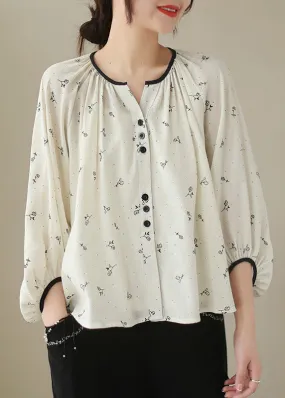 Fitted Beige Oversized Print Cotton Blouses Lantern Sleeve LY7227