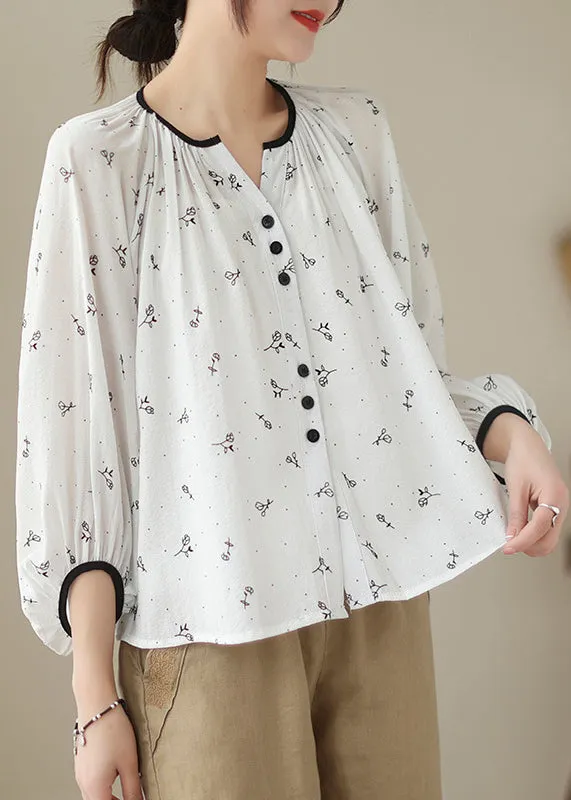 Fitted Beige Oversized Print Cotton Blouses Lantern Sleeve LY7227