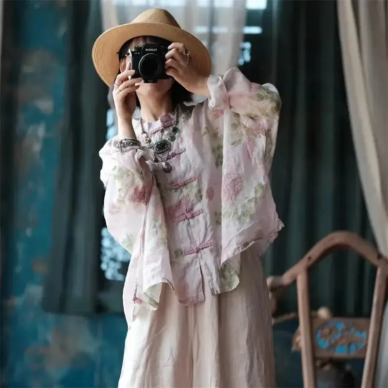 Floral Print Blouse with Floral Print and Long Sleeves