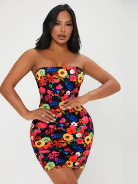 Floral Sleeveless Strapless Pencil Natural Mini Dress