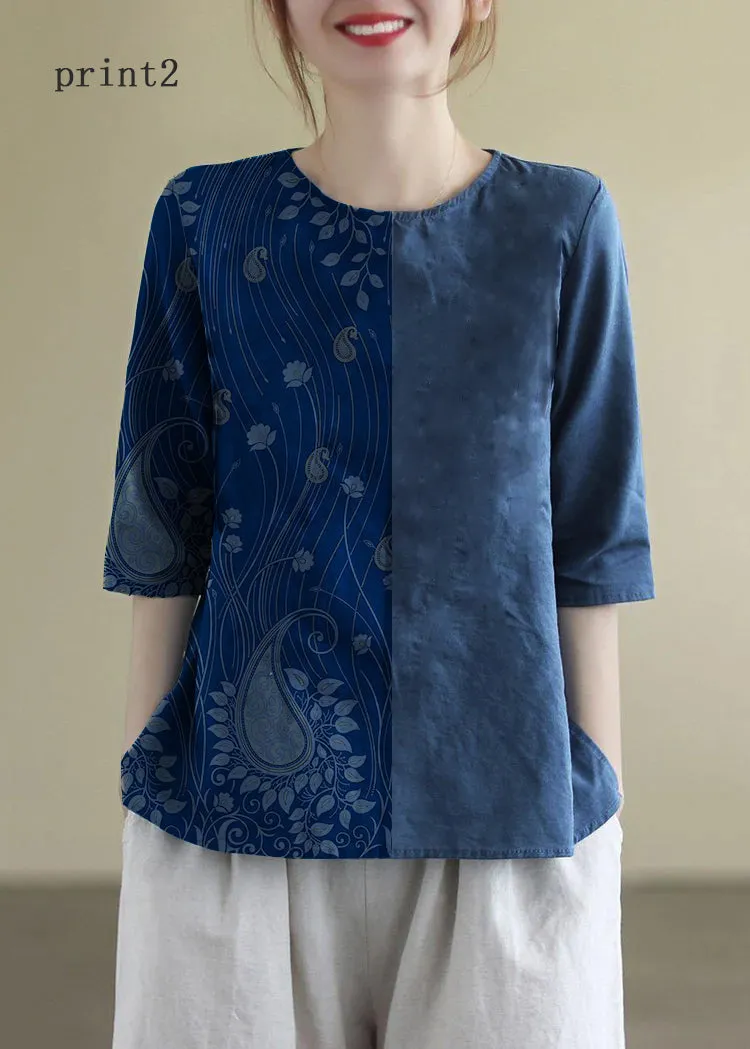 French Navy O-Neck Embroideried Cotton Blouses Half Sleeve