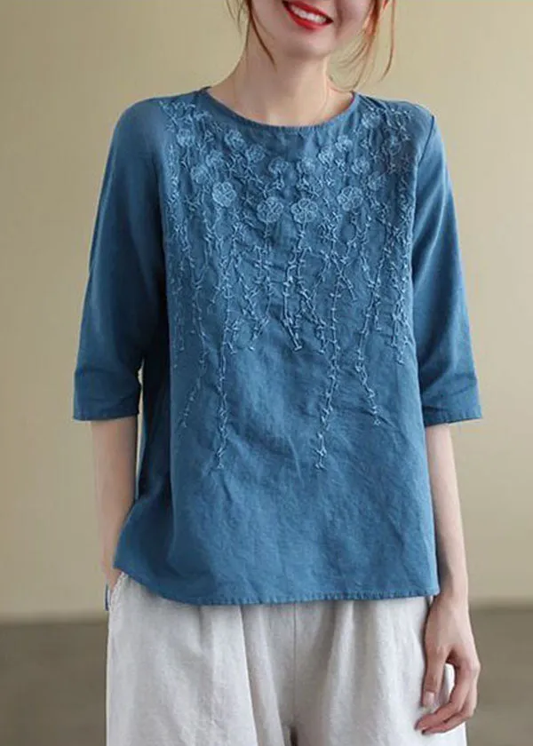 French Navy O-Neck Embroideried Cotton Blouses Half Sleeve