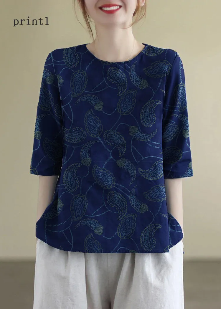 French Navy O-Neck Embroideried Cotton Blouses Half Sleeve