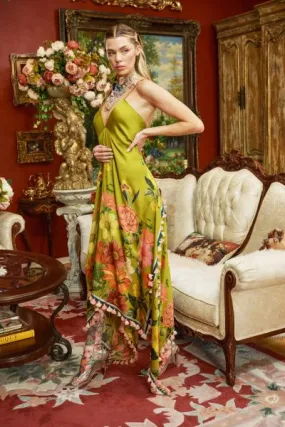 French Riviera Tasseled Dress - Olive Floral -